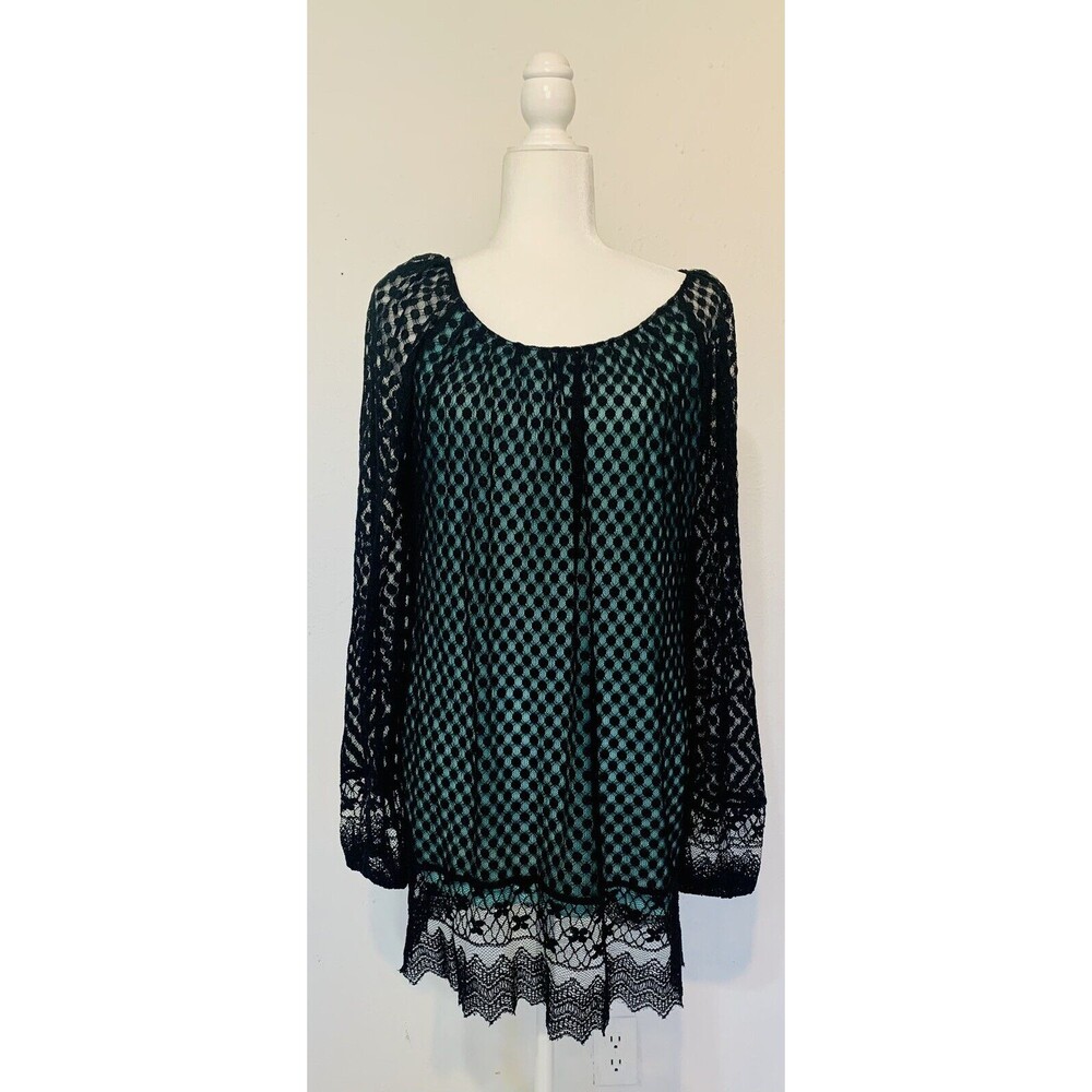 UMGEE Women’s Tunic/Dress Boho Scalloped Laced Black/Green Long Sleeve Size S